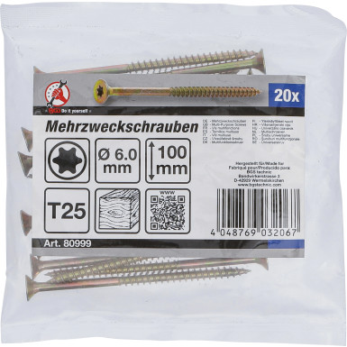 BGS Mehrzweckschrauben | T-Profil (für Torx) T25 | 6,0 x 100 mm | 20 Stück | 80999