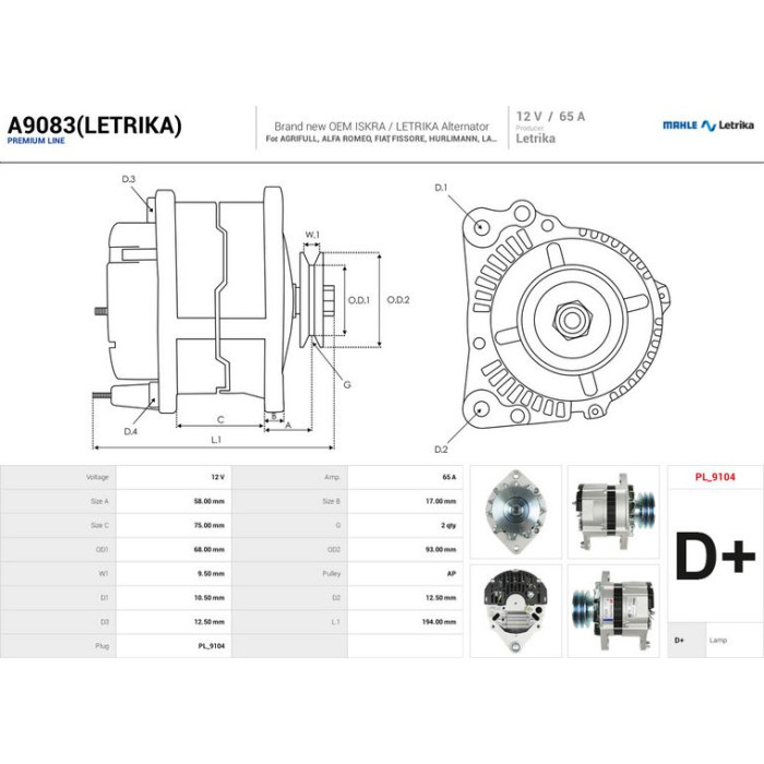 A9083(LETRIKA) AS-PL Lichtmaschine (Generator) A9083(LETRIKA) A9083(LETRIKA) AS-PL Lichtmaschine (Generator) A9083(LETRIKA)