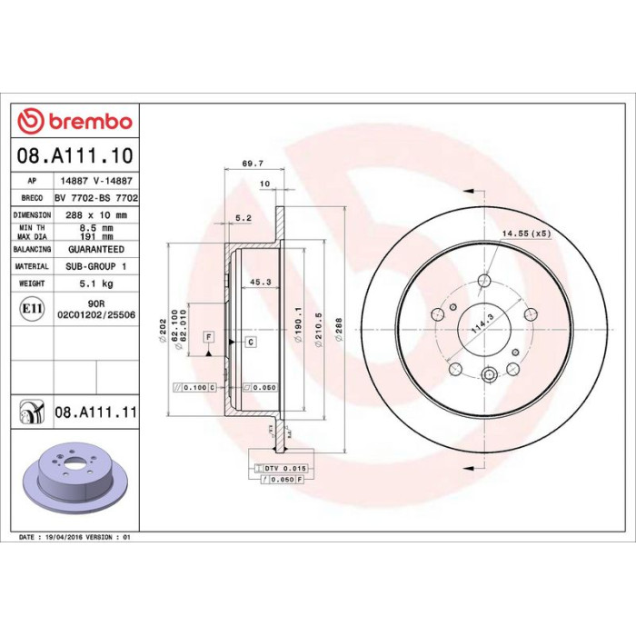 Brembo Bremsscheibe Hinterachse 08.A111.11