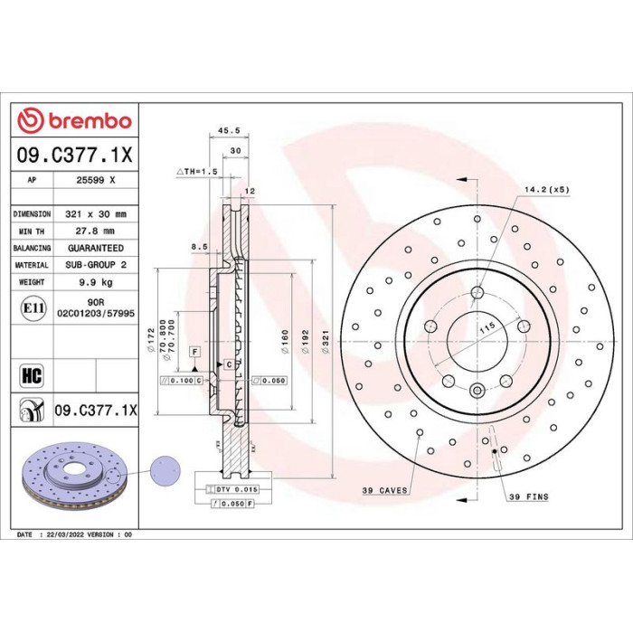 Brembo Bremsscheibe Vorderachse 09.C377.1X Brembo Bremsscheibe Vorderachse 09.C377.1X
