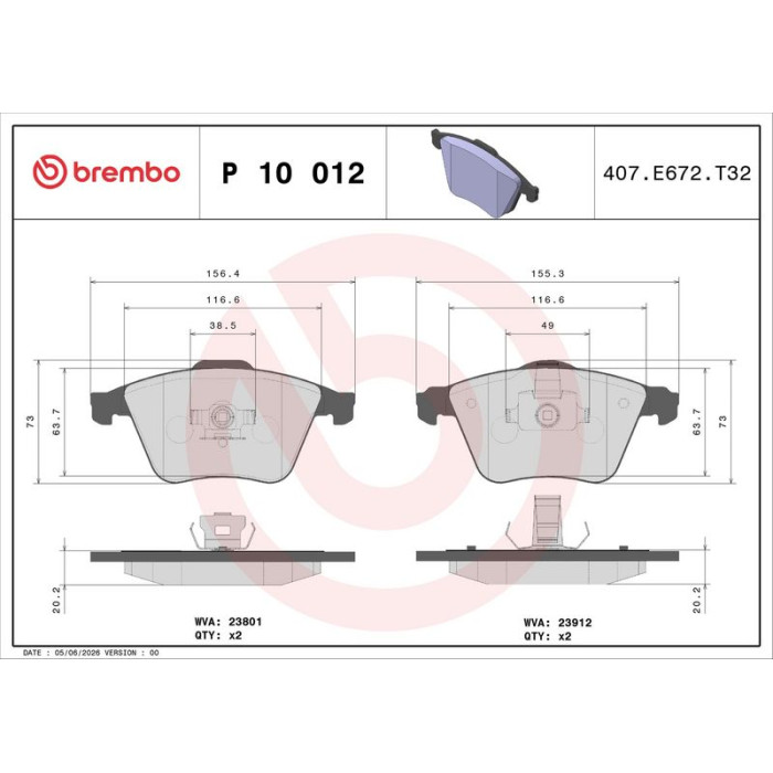 P 10 012 Brembo Prime Bremsbelagsatz Vorderachse – P 10 012 – 156/155 x 73 x 20 mm – Bremssystem Teves – OE Nummer 1605195 P 10 012 Brembo Prime Bremsbelagsatz Vorderachse – P 10 012 – 156/155 x 73 x 20 mm – Bremssystem Teves – OE Nummer 1605195