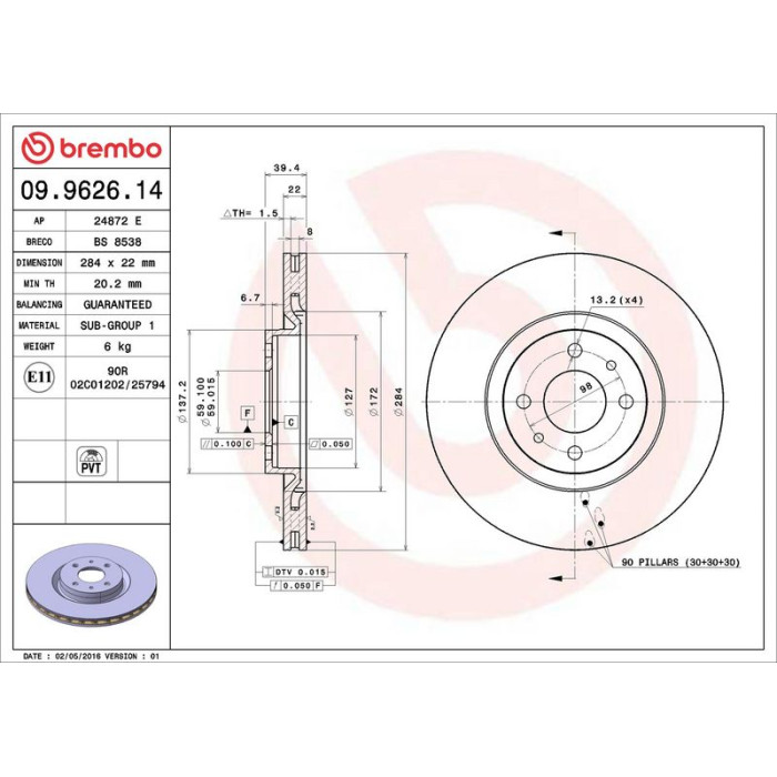 09.9626.14 Brembo Prime Bremsscheibe Vorderachse, Ø 284 × 22 mm, innenbelüftet – 09.9626.14 09.9626.14 Brembo Prime Bremsscheibe Vorderachse, Ø 284 × 22 mm, innenbelüftet – 09.9626.14