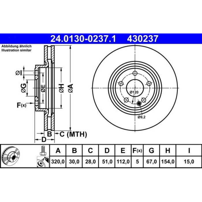 ATE Bremsscheibe Mercedes-Benz Vorderachse W176/W246/C117/X117 2.0 12 24.0130-0237.1