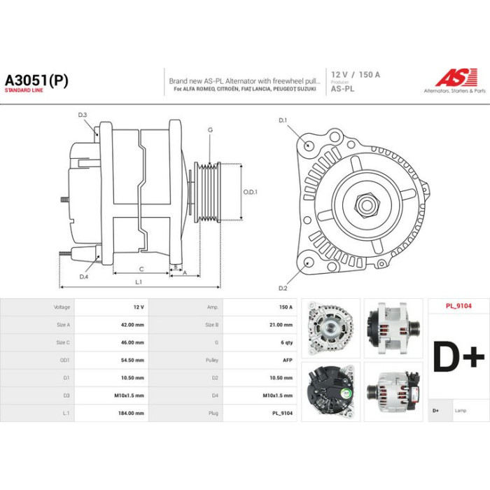 A3051(P) AS-PL Lichtmaschine (Generator) A3051(P)