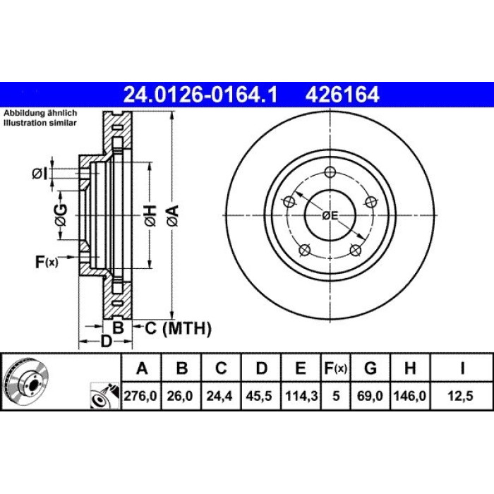 ATE Bremsscheibe Mitsubishi Vorderachse Lancer 08 24.0126-0164.1 ATE Bremsscheibe Mitsubishi Vorderachse Lancer 08 24.0126-0164.1