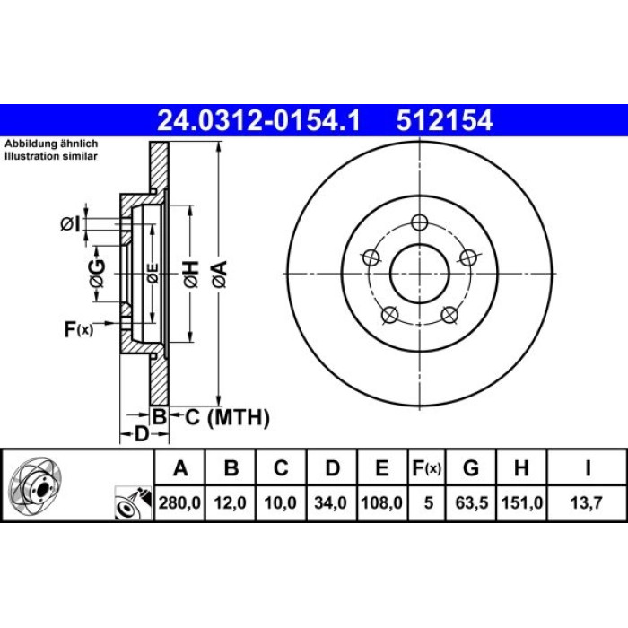 ATE Bremsscheibe Ford Hinterachse Mondeo 1.8-3.0 00-07 PowerDisc 24.0312-0154.1