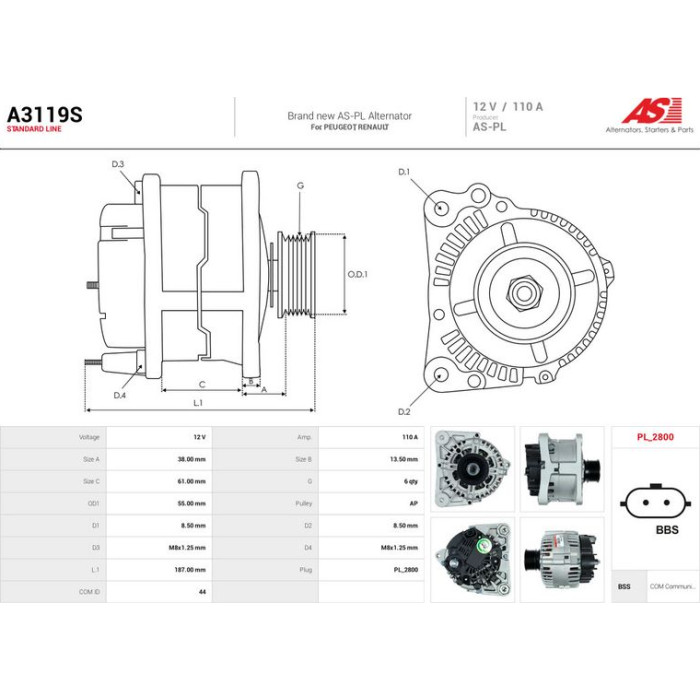 A3119S AS-PL Lichtmaschine (Generator) A3119S A3119S AS-PL Lichtmaschine (Generator) A3119S