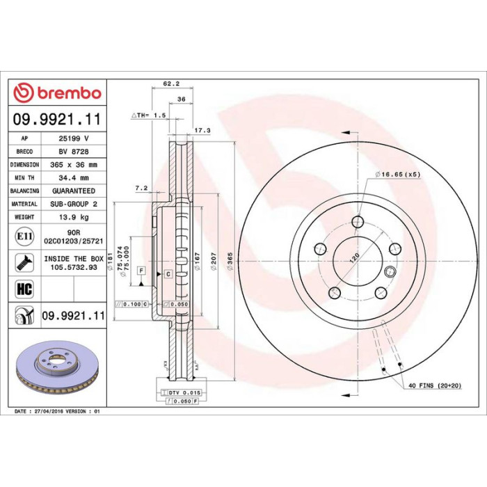 Brembo Bremsscheibe Vorderachse 09.9921.11 Brembo Bremsscheibe Vorderachse 09.9921.11