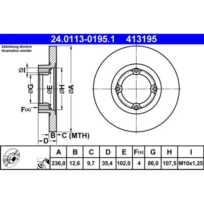 ATE Bremsscheibe Daewoo Vorderachse Matiz 0, 8-1, 0 98-05 24.0113-0195.1