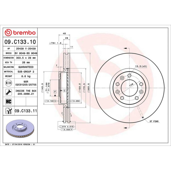 Brembo Bremsscheibe Vorderachse 09.C133.11 Brembo Bremsscheibe Vorderachse 09.C133.11