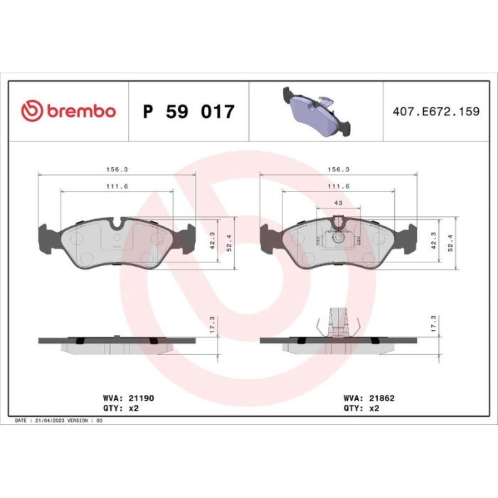 P 59 017 Brembo Prime Bremsbelagsatz Vorderachse – P 59 017 – 156 x 53 x 18 mm – Bremssystem Teves – OE Nummer 1605089 P 59 017 Brembo Prime Bremsbelagsatz Vorderachse – P 59 017 – 156 x 53 x 18 mm – Bremssystem Teves – OE Nummer 1605089