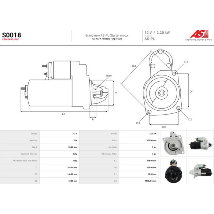 S0018 AS-PL Anlasser (Starter) 12 V 2,2 kW 9 Zähne S0018