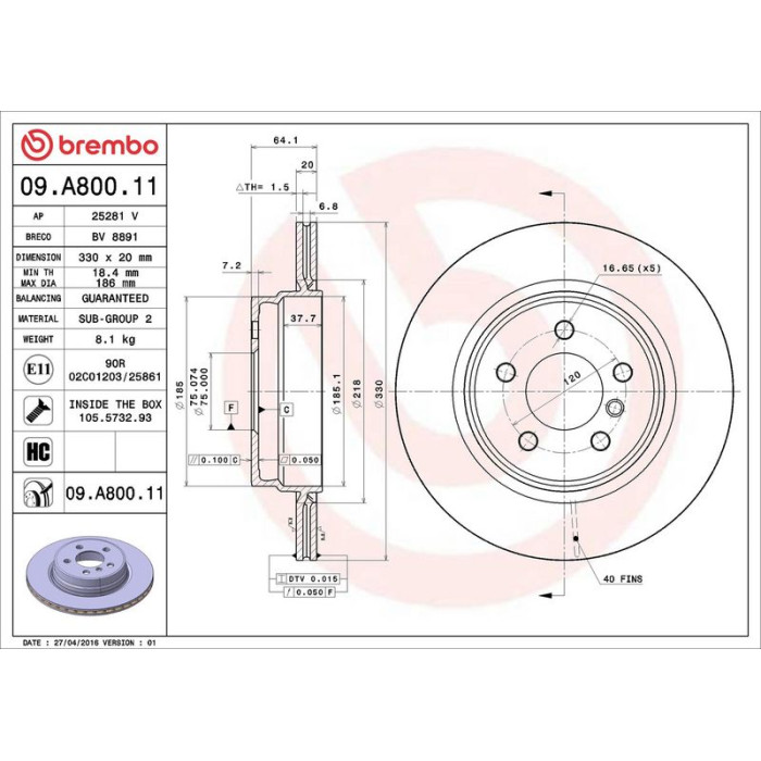 Brembo Bremsscheibe Vorderachse 09.A800.11 Brembo Bremsscheibe Vorderachse 09.A800.11