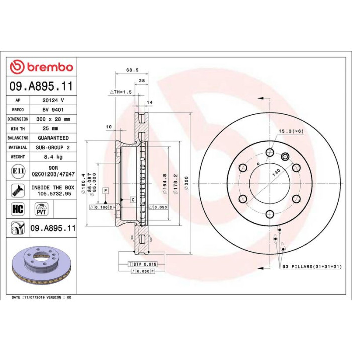 Brembo Bremsscheibe Vorderachse 09.A895.11 Brembo Bremsscheibe Vorderachse 09.A895.11