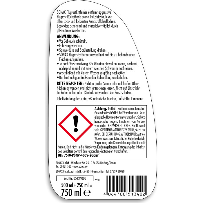05134000 Sonax Flugrost Entferner 750ml 05134000 Sonax Flugrost Entferner 750ml