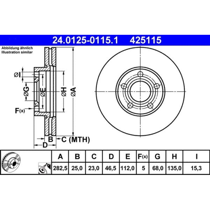 ATE Bremsscheibe VW Passat 1.6-2.8 96-05 24.0125-0115.1 ATE Bremsscheibe VW Passat 1.6-2.8 96-05 24.0125-0115.1