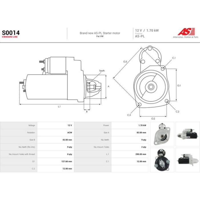 S0014 AS-PL Anlasser (Starter) 12 V 1,7 kW 9 Zähne S0014