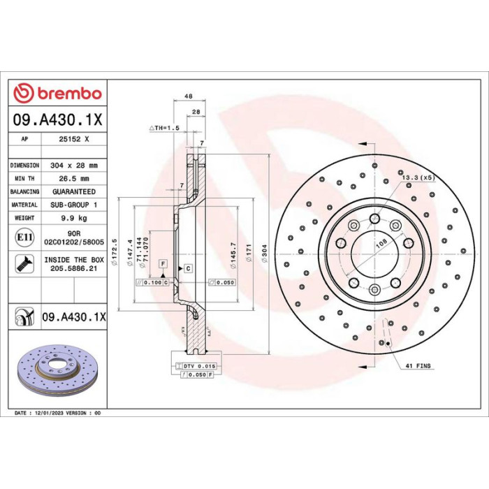 09.A430.1X Brembo Xtra Bremsscheibe Vorderachse, Ø 304 × 28 mm, gelocht, innenbelüftet, UV-beschichtet – 09.A430.1X