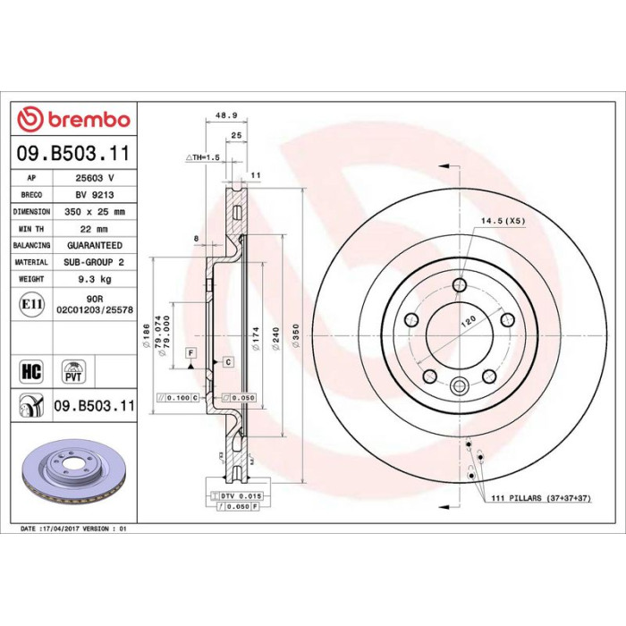 Brembo Bremsscheibe Hinterachse 09.B503.11 Brembo Bremsscheibe Hinterachse 09.B503.11