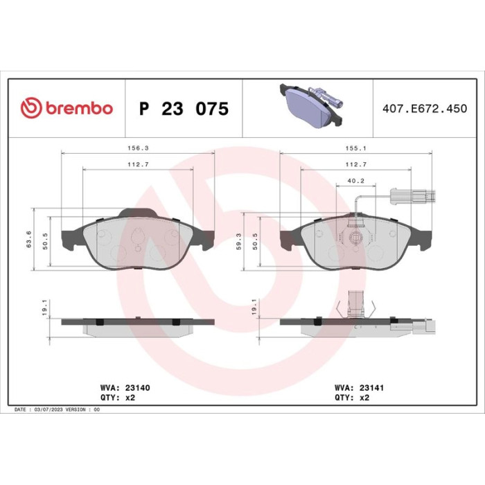 P 23 075 Brembo Prime Bremsbelagsatz Vorderachse – P 23 075 – 155/156 x 59 x 19 mm – Bremssystem Teves – OE Nummer 6001073151 P 23 075 Brembo Prime Bremsbelagsatz Vorderachse – P 23 075 – 155/156 x 59 x 19 mm – Bremssystem Teves – OE Nummer 6001073151