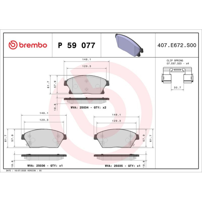 P 59 077 Brembo Prime Bremsbelagsatz Vorderachse – P 59 077 – 148 x 61 x 19 mm – Bremssystem Bosch – OE Nummer 13301234