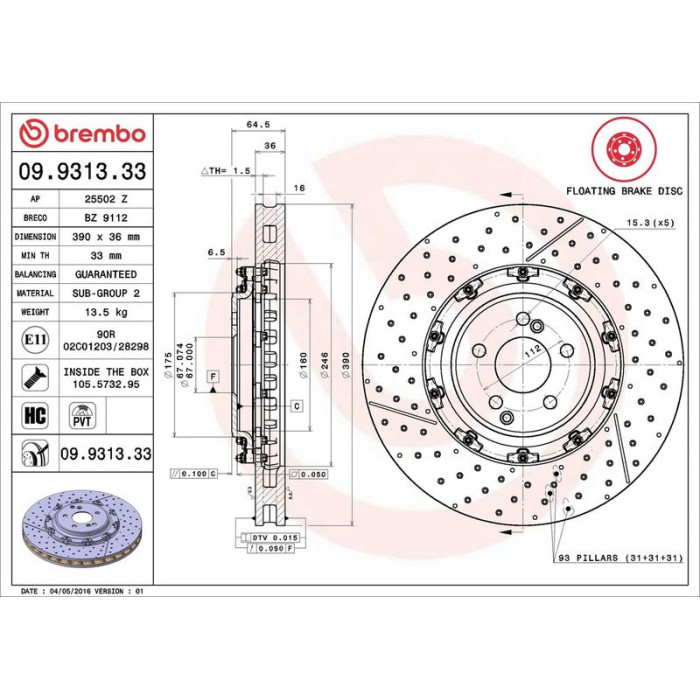 15 481 123 Brembo PREMIUM VA zweiteilig 09.9313.33 15 481 123 Brembo PREMIUM VA zweiteilig 09.9313.33