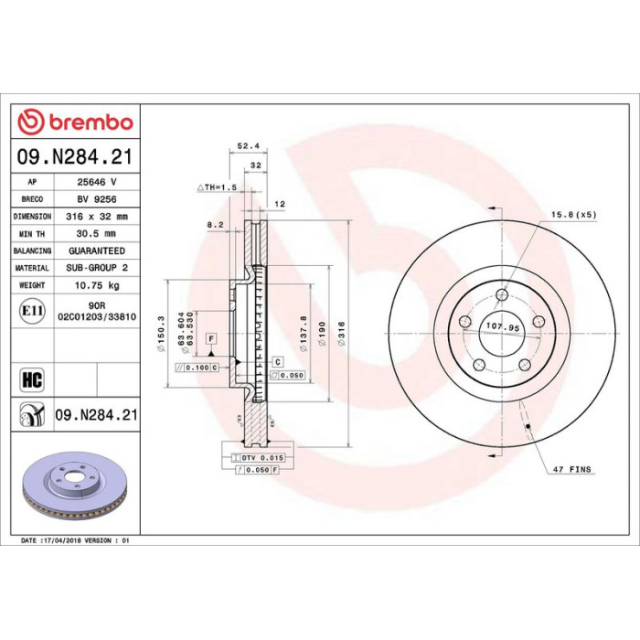 Brembo Bremsscheibe Vorderachse 09.N284.21 Brembo Bremsscheibe Vorderachse 09.N284.21