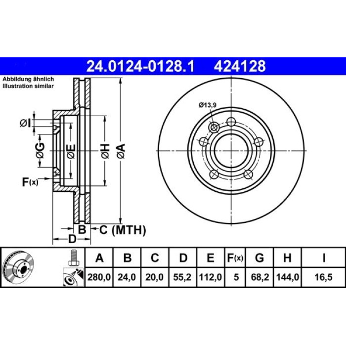 ATE Bremsscheibe VW Vorderachse T4 95-03 24.0124-0128.1 ATE Bremsscheibe VW Vorderachse T4 95-03 24.0124-0128.1