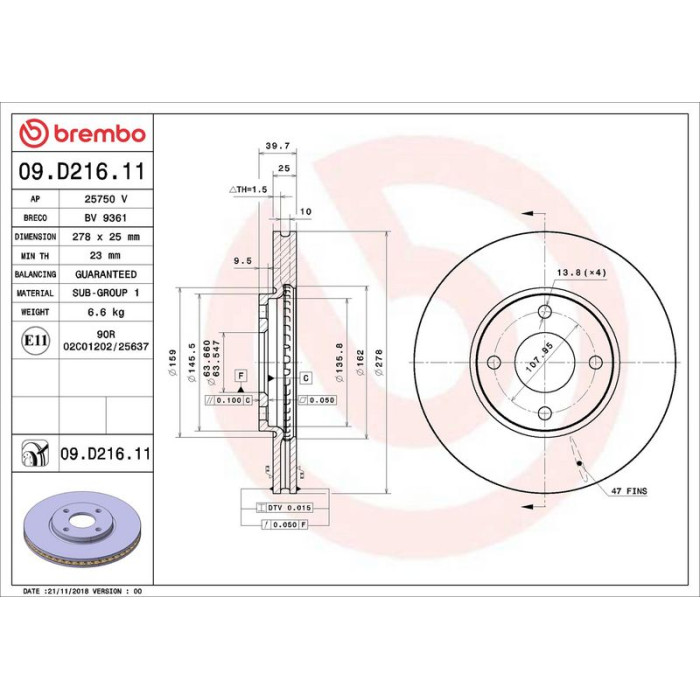 Brembo Bremsscheibe Vorderachse 09.D216.11 Brembo Bremsscheibe Vorderachse 09.D216.11