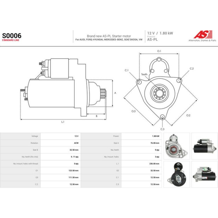 S0006 AS-PL Anlasser (Starter) 12 V 1,8 kW 9 Zähne S0006