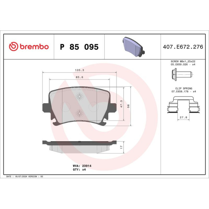 Brembo Prime Bremsbelagsatz Hinterachse – P 85 095 – 106 x 57 x 17 mm – Bremssystem Lucas – OE Nummer 1K0698451B Brembo Prime Bremsbelagsatz Hinterachse – P 85 095 – 106 x 57 x 17 mm – Bremssystem Lucas – OE Nummer 1K0698451B