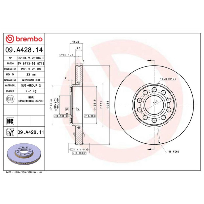 Brembo Bremsscheibe Vorderachse 09.A428.11 Brembo Bremsscheibe Vorderachse 09.A428.11