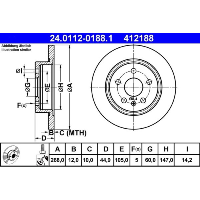 ATE Bremsscheibe Opel Hinterachse Astra/Mokka 1.3-2.0 Cdti 09 24.0112-0188.1