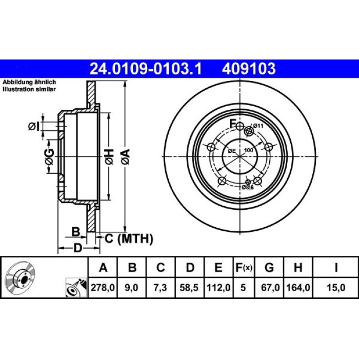 ATE Bremsscheibe Mercedes-Benz Hinterachse R129 2, 8-6, 0 89-01 24.0109-0103.1 ATE Bremsscheibe Mercedes-Benz Hinterachse R129 2, 8-6, 0 89-01 24.0109-0103.1