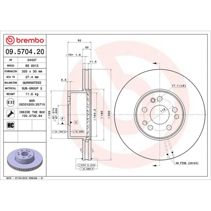 Brembo Bremsscheibe Vorderachse 09.5704.20 Brembo Bremsscheibe Vorderachse 09.5704.20