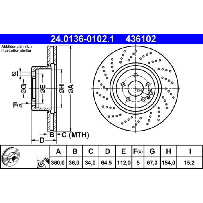 ATE Bremsscheibe Mercedes-Benz Vorderachse W211/W221/C216/R230 02-13 24.0136-0102.1 ATE Bremsscheibe Mercedes-Benz Vorderachse W211/W221/C216/R230 02-13 24.0136-0102.1