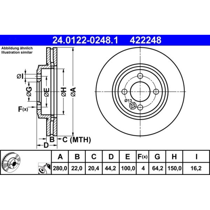 ATE Bremsscheibe Mini Vorderachse Cooper 06 24.0122-0248.1 ATE Bremsscheibe Mini Vorderachse Cooper 06 24.0122-0248.1