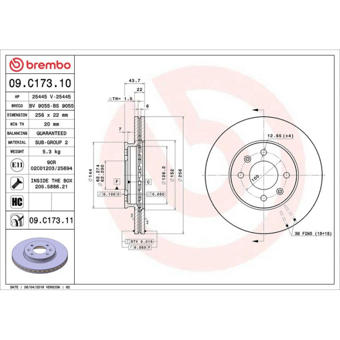 Brembo Bremsscheibe Vorderachse 09.C173.11 Brembo Bremsscheibe Vorderachse 09.C173.11