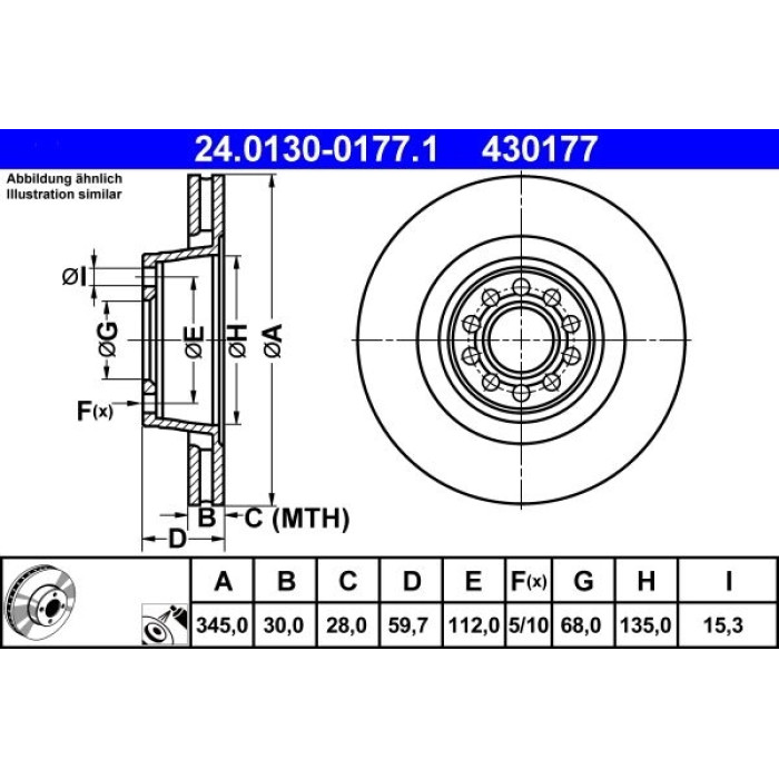 ATE Bremsscheibe Audi S. A8 4.2 quattro 99-02 24.0130-0177.1 ATE Bremsscheibe Audi S. A8 4.2 quattro 99-02 24.0130-0177.1