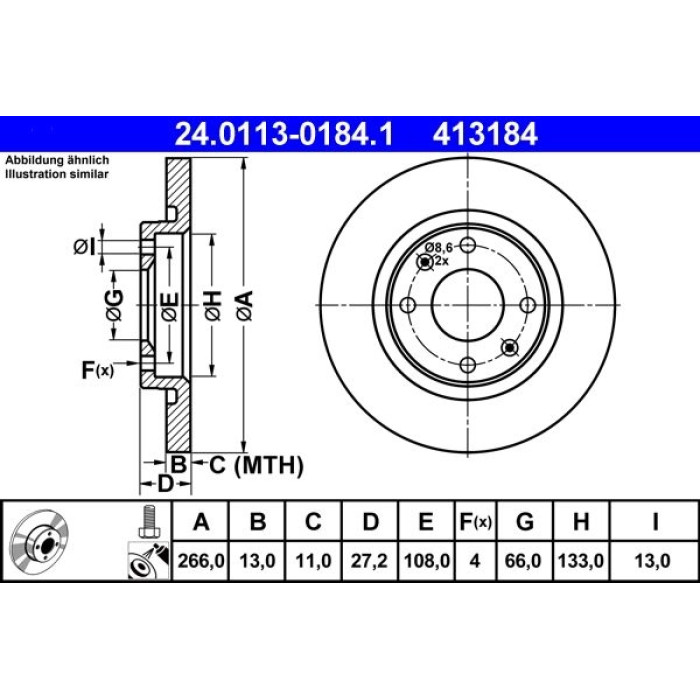 ATE Bremsscheibe Citroen Vorderachse Berlingo/C2/C3/Partner 96 24.0113-0184.1 ATE Bremsscheibe Citroen Vorderachse Berlingo/C2/C3/Partner 96 24.0113-0184.1