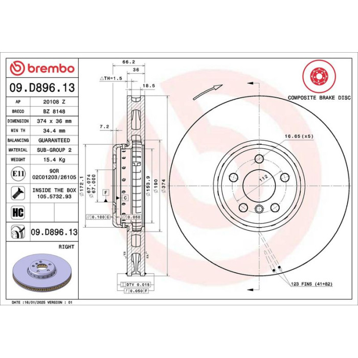 Brembo Bremsscheibe Vorderachse rechts 09.D896.13 Brembo Bremsscheibe Vorderachse rechts 09.D896.13