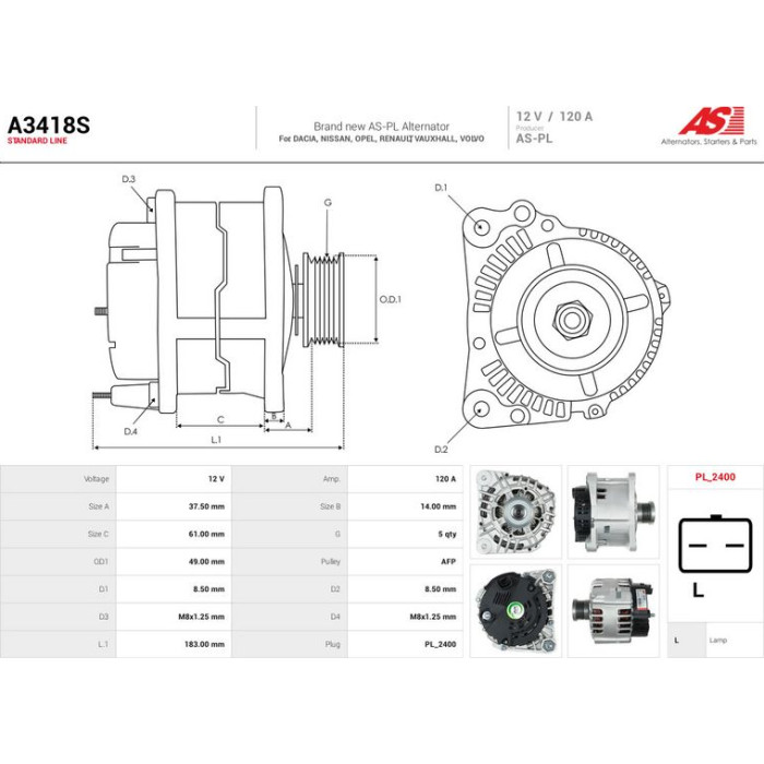 A3418S AS-PL Lichtmaschine (Generator) A3418S A3418S AS-PL Lichtmaschine (Generator) A3418S