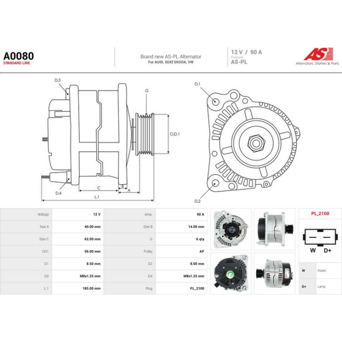 A0080 AS-PL Lichtmaschine (Generator) 12 V 90 A A0080 A0080 AS-PL Lichtmaschine (Generator) 12 V 90 A A0080