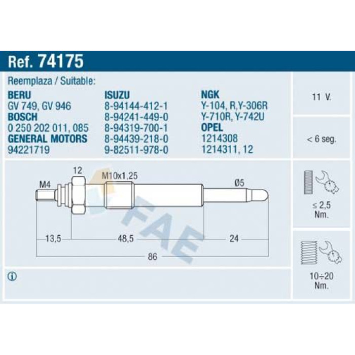74175 FAE Glühkerze 74175 74175 FAE Glühkerze 74175