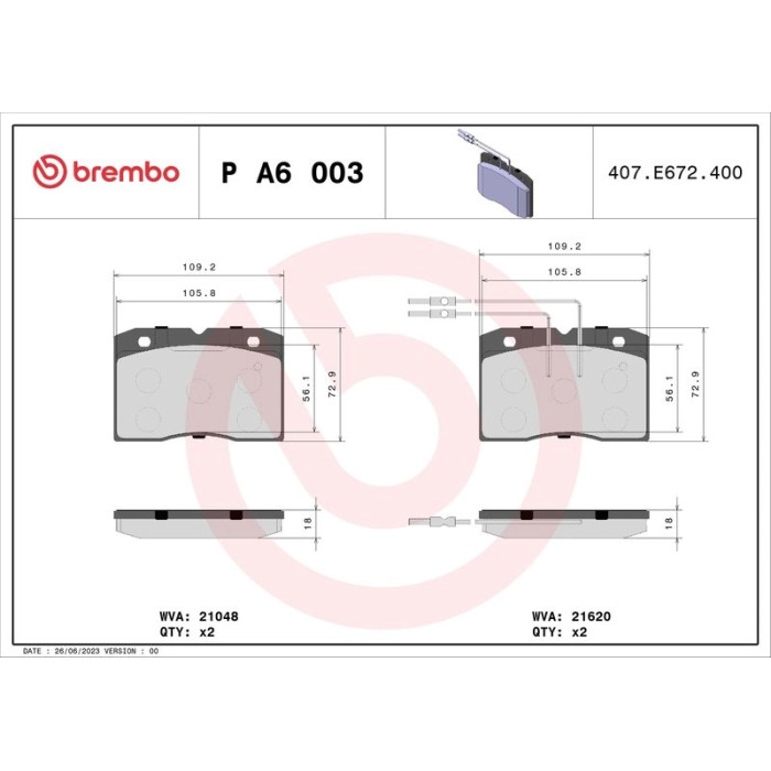 P A6 003 Brembo Prime Bremsbelagsatz Vorderachse – P A6 003 – 110 x 73 x 18 mm – Bremssystem – OE Nummer 4432481 P A6 003 Brembo Prime Bremsbelagsatz Vorderachse – P A6 003 – 110 x 73 x 18 mm – Bremssystem – OE Nummer 4432481