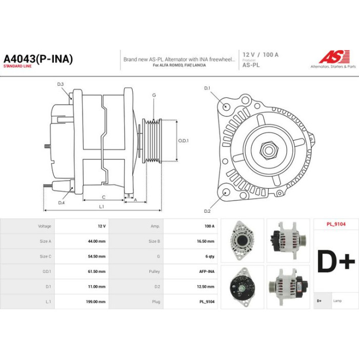 A4043(P-INA) AS-PL Lichtmaschine (Generator) A4043(P-INA)