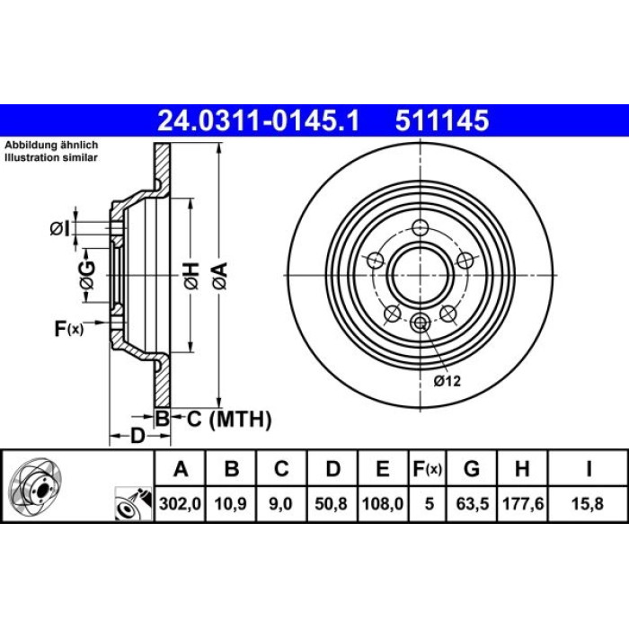 ATE Bremsscheibe Ford Hinterachse Focus/Galaxy/Mondeo/S-Max 06-15 PowerDisc 24.0311-0145.1
