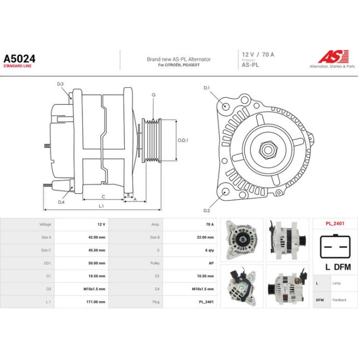 A5024 AS-PL Lichtmaschine (Generator) A5024 A5024 AS-PL Lichtmaschine (Generator) A5024