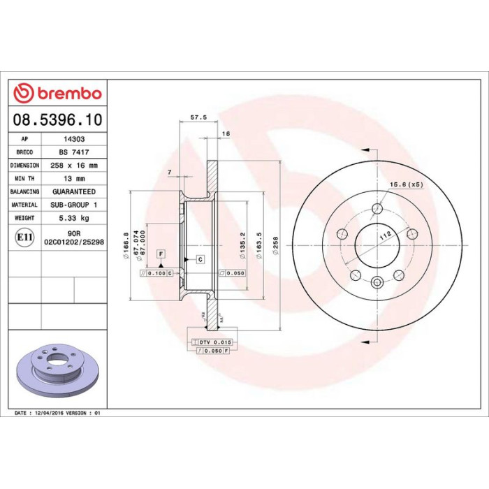 Brembo Bremsscheibe Vorderachse 08.5396.10 Brembo Bremsscheibe Vorderachse 08.5396.10