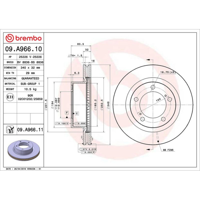 Brembo Bremsscheibe Vorderachse 09.A966.11 Brembo Bremsscheibe Vorderachse 09.A966.11